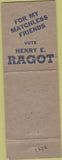 Matchbook Cover - Henry E Ragot County Commissioner Northampton County PA