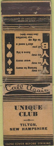 Matchbook Cover - Unique Club Tilton NH WORN