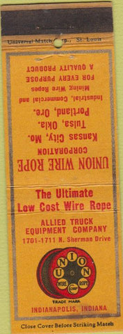 Matchbook Cover - Allied Truck Equipment Co Indianapolis IN Wire Rope