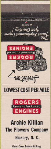 Matchbook Cover - Rogers Engines Archie Killian Hickory NC