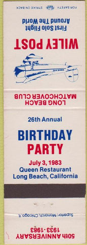 Matchbook Cover - Long Beach Match Club CA 1983 Wiley Post