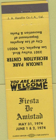 Matchbook Cover - Fiesta De Amistad 1974 Lincoln Park Los Angeles CA