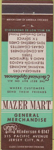 Matchbook Cover - Mazer Mart Jersey City NJ Appliances