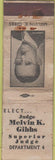 Matchbook Cover - Judge Melvin K Gibbs Superior Judge POOR
