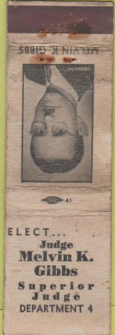 Matchbook Cover - Judge Melvin K Gibbs Superior Judge POOR