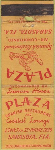 Matchbook Cover - Plaza Spanish Restaurant Sarasota FL WORN lobster