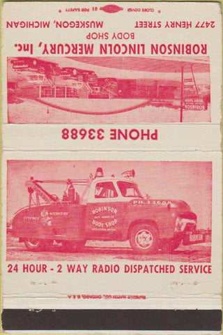 Matchbook Cover - Robinson Lincoln Mercury Muskegon MI tow 40 Strike
