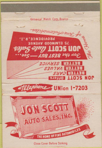 Matchbook Cover - Jon Scott Auto Sales Providence RI 40 Strike