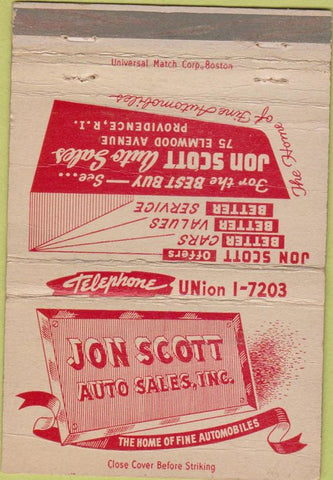 Matchbook Cover - Jon Scott Auto Sales Providence RI WORN 40 Strike