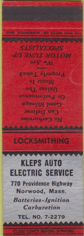 Matchbook Cover - Kleps Auto Electric Norwood MA repair SAMPLE