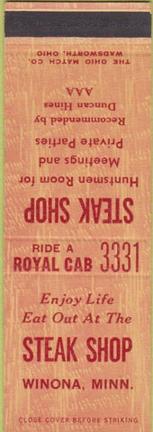 Matchbook Cover - Steak Shop Winona MN Royal Taxi Cabs SAMPLE