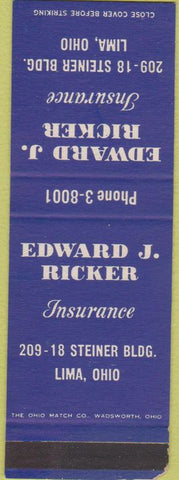 Matchbook Cover - Edward Ricker Insurance Lima OH SAMPLE