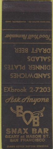 Matchbook Cover - Bob's Snax Bar San Francisco CA SAMPLE