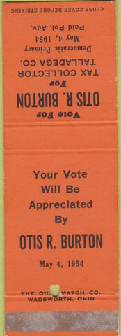 Matchbook Cover - Otis Burton Tax Collector Talladega County 1954 AL SAMPLE