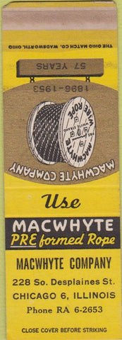 Matchbook Cover - Macwhyte Wire Rope Chicago IL WORN SAMPLE