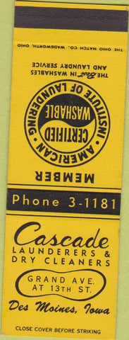 Matchbook Cover - Cascade Laundry Dry Cleaning Des Moines IA SAMPLE