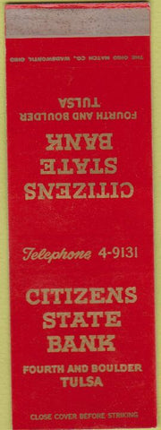 Matchbook Cover - Citizens State Bank Tulsa OK WEAR SAMPLE