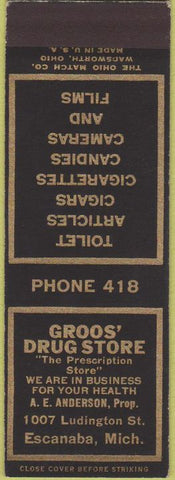 Matchbook Cover - Groos' Drug Store Escanaba MI SAMPLE