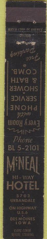 Matchbook Cover - McNeal Hotel Des Moines IA WEAR 10 Strike