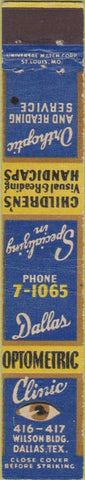 Matchbook Cover - Dallas Optometric Clinic Dallas TX 10 Strike