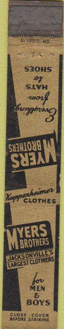 Matchbook Cover - Myers Brothers Jacksonville FL Men's Clothes WORN 10 Strike