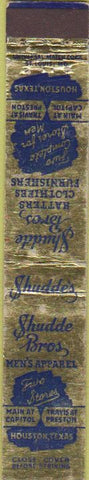 Matchbook Cover - Shudde Bros Men's Clothes Houston TX WORN 10 Strike