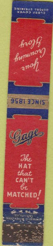 Matchbook Cover - Gage Hats Chicago IL WORN 10 Strike