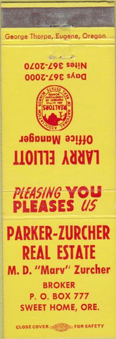 Matchbook Cover - Parker Zurcher Real Estate Sweet Home OR