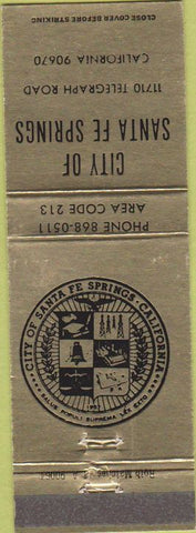 Matchbook Cover - City of Santa Fe Springs CA
