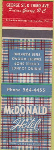 Matchbook Cover - McDonald Hotel Prince George BC