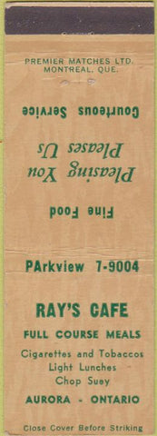 Matchbook Cover - Ray's Cafe Aurora ON
