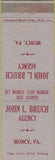 Matchbook Cover - John Bruch Insurance Agency Muncy PA