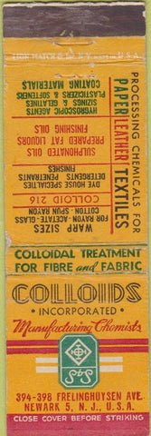 Matchbook Cover - Colloids Inc Chemicals Newark NJ WEAR