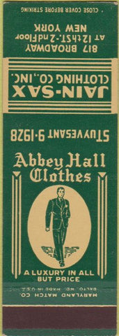 Matchbook Cover - Jain Sax Clthing men's New York City SAMPLE