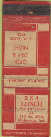Matchbook Cover - 2x4 Lunch Mishawaka IN POOR