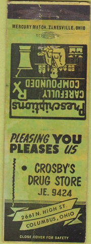 Matchbook Cover - Crosby's Drug Store Columbus OH WORN