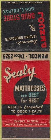 Matchbook Cover - Pencol Drug Store Sealy Mattresses Denver CO Colfax