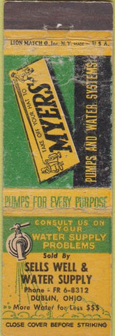 Matchbook Cover - Myers Pumps Well Water Dublin OH WORN