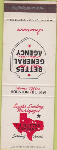 Matchbook Cover - TJ Bettes Co Mortgages Houston TX SAMPLE