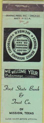Matchbook Cover - First State Bank Mission TX WORN