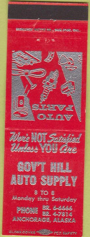 Matchbook Cover - Government Hill Auto Supply Anchorage AK red