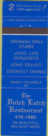 Matchbook Cover - Dutch Latch Restaurant Malahat Drive BC