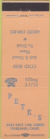 Matchbook Cover - Pete's Bar Oakland CA peach