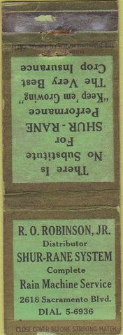 Matchbook Cover - Shur Rane System Rain Machine agriculture sprinkers WEAR