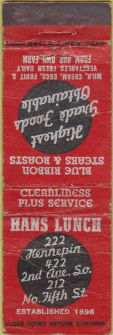 Matchbook Cover - Hans Lunch Minneapolis MN POOR