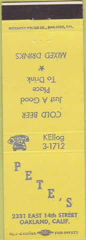 Matchbook Cover - Pete's Bar Oakland CA yellow