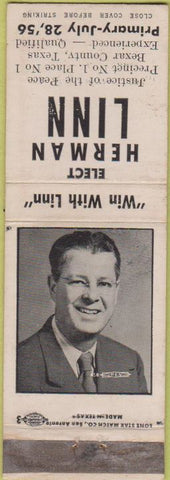 Matchbook Cover - Herman Linn Election Bexar County TX 1956 WEAR