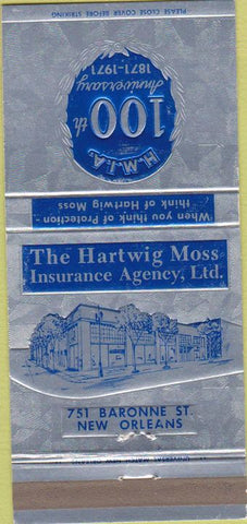Matchbook Cover - Hartwig Moss Insurance Agency New Orleans LA 30 Strike