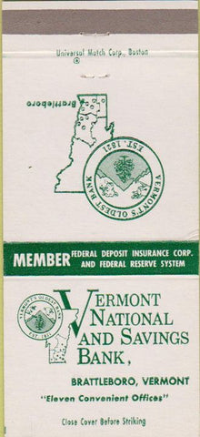 Matchbook Cover - Vermont National Savings Loan Brattleboro VT 30 Strike