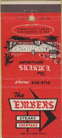Matchbook Cover - The Embers Steaks Hemet CA 30 Strike